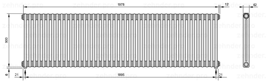 Схема (чертеж) Радиатор Zehnder Charleston 2090/43 №5310 Белый глянцевый RAL 9016